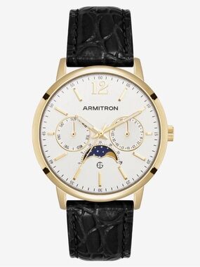 Armitron Gold-Tone Watch with White Dial and Black Leather Strap